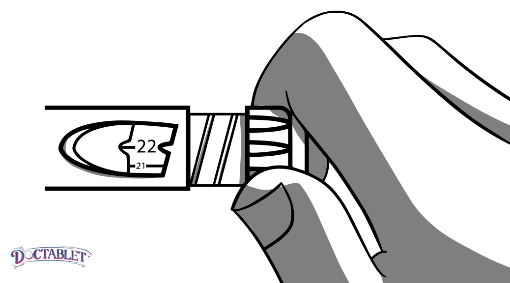 Para marcar la dosis de insulina prescrita, gire la perilla en el sentido de las agujas del reloj hasta que el indicador se alinee con el número prescrito de unidades.